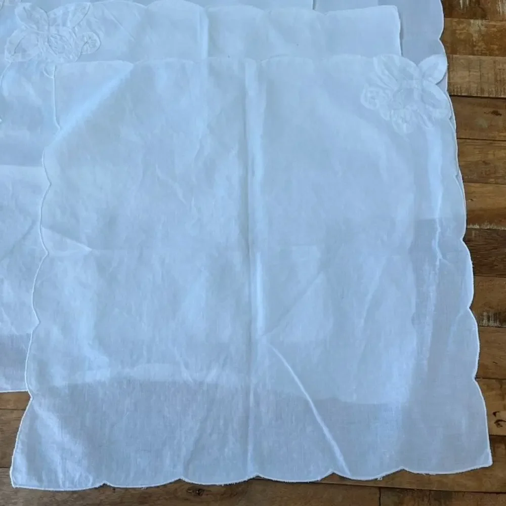 Handmade White Sheer Linen Napkins Floral Embroidery 16x16